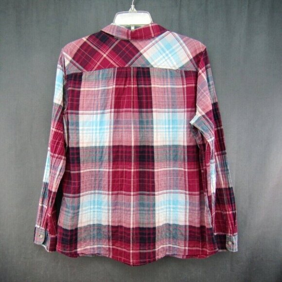 Eddie Bauer Red Blue Plaid Crinkle Button Up Top Womens Size XL Classic Fit - Picture 4 of 7